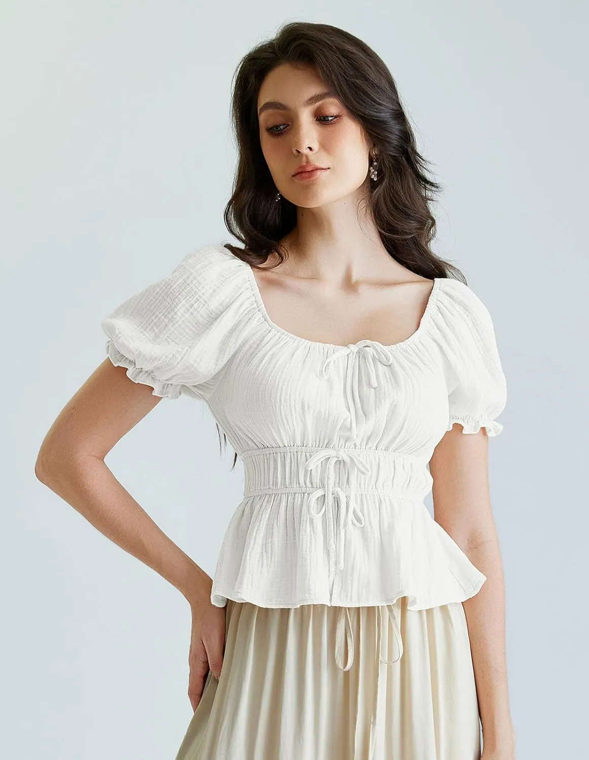 Scarlet Darkness Women Tie Front Tops Renaissance Puff Sleeve Blouse Peasant Peplum Shirts