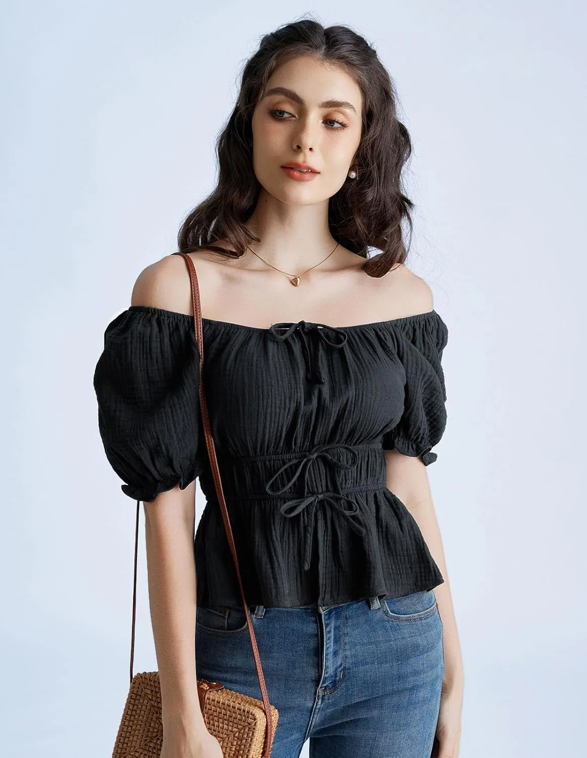 Scarlet Darkness Women Tie Front Tops Renaissance Puff Sleeve Blouse Peasant Peplum Shirts