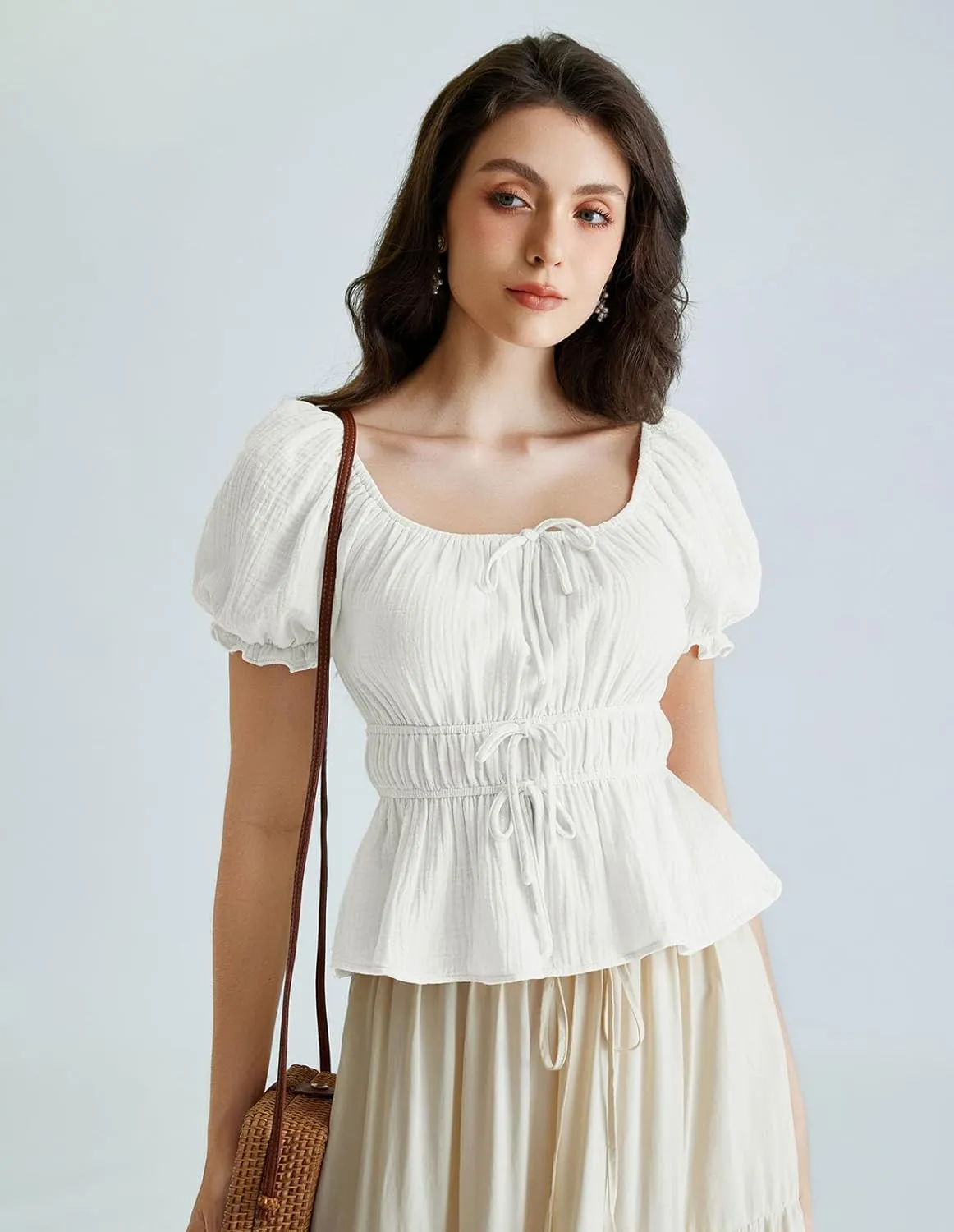 Scarlet Darkness Women Tie Front Tops Renaissance Puff Sleeve Blouse Peasant Peplum Shirts