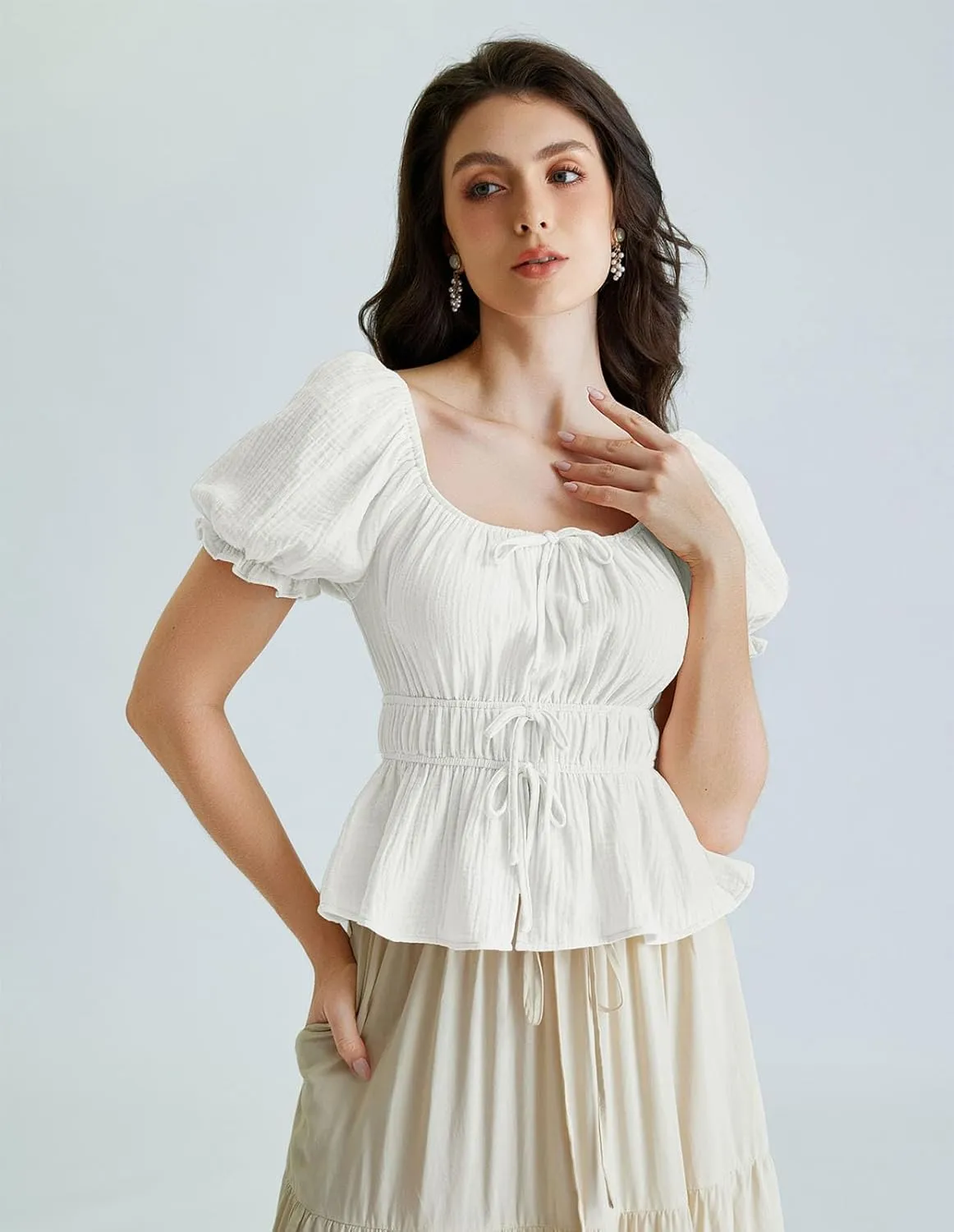 Scarlet Darkness Women Tie Front Tops Renaissance Puff Sleeve Blouse Peasant Peplum Shirts
