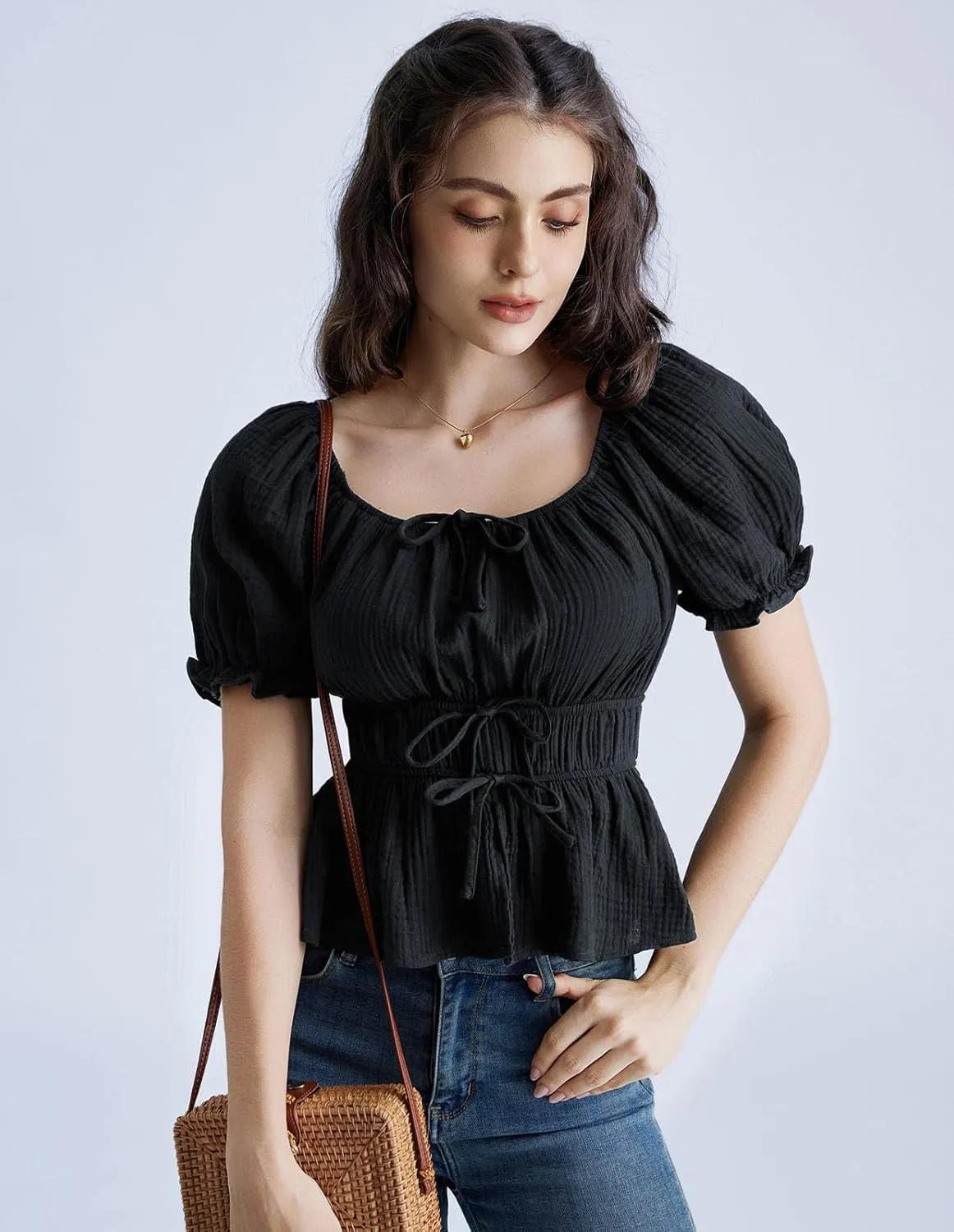Scarlet Darkness Women Tie Front Tops Renaissance Puff Sleeve Blouse Peasant Peplum Shirts