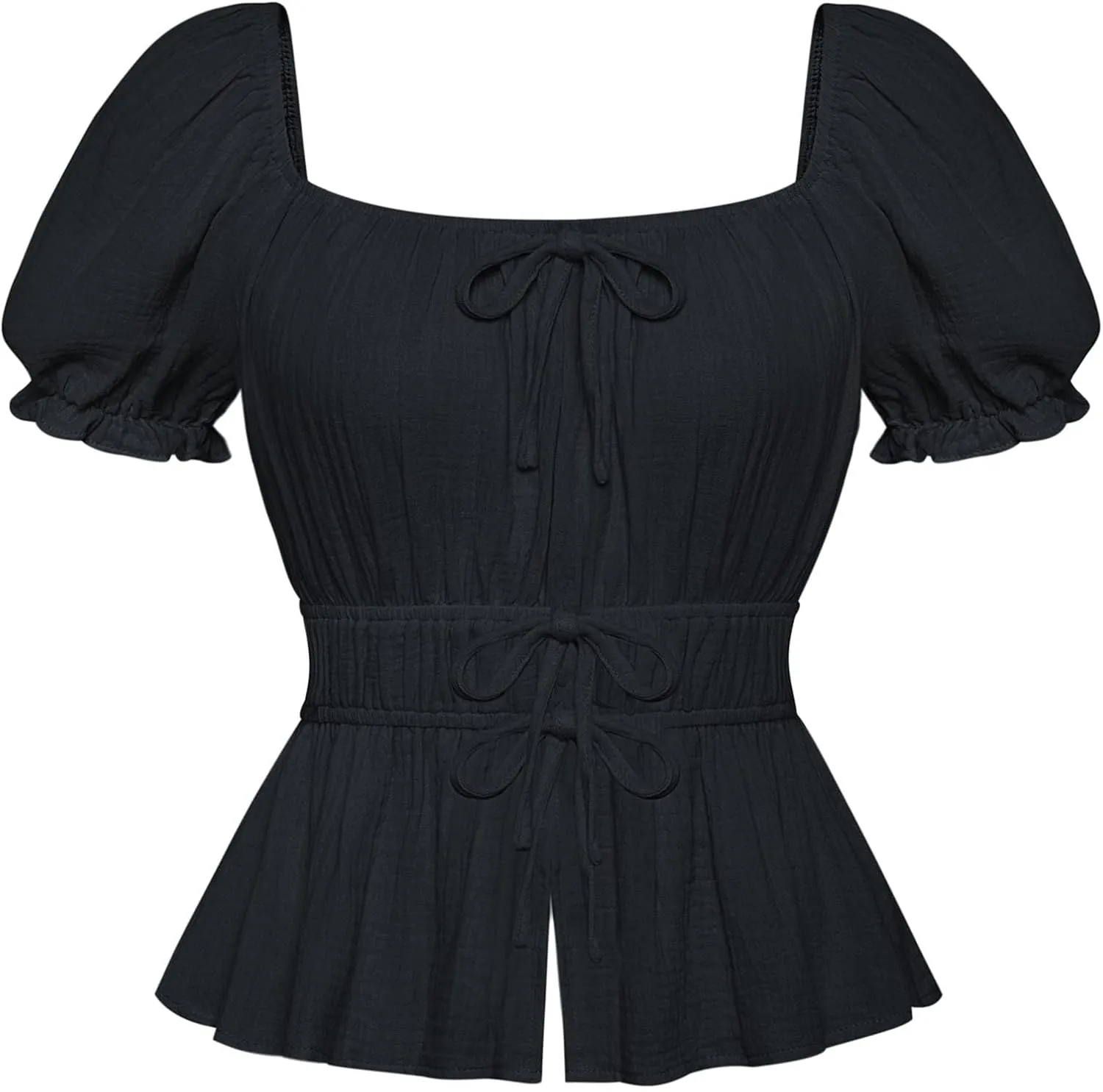 Scarlet Darkness Women Tie Front Tops Renaissance Puff Sleeve Blouse Peasant Peplum Shirts
