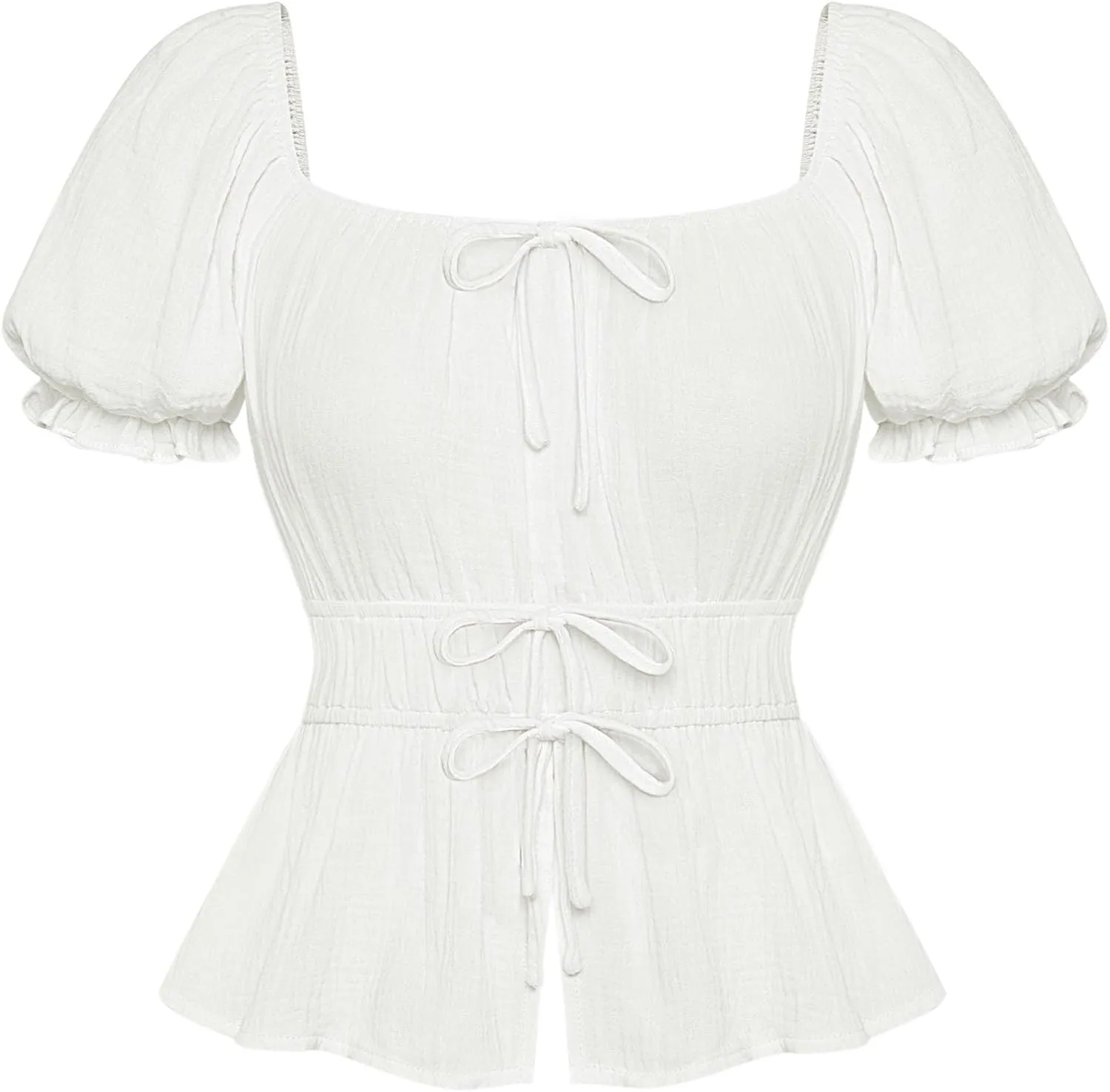 Scarlet Darkness Women Tie Front Tops Renaissance Puff Sleeve Blouse Peasant Peplum Shirts