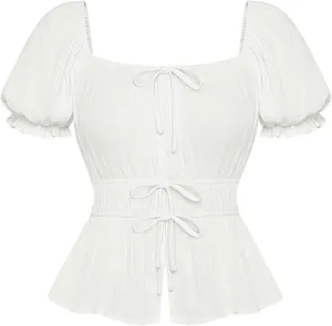 Scarlet Darkness Women Tie Front Tops Renaissance Puff Sleeve Blouse Peasant Peplum Shirts