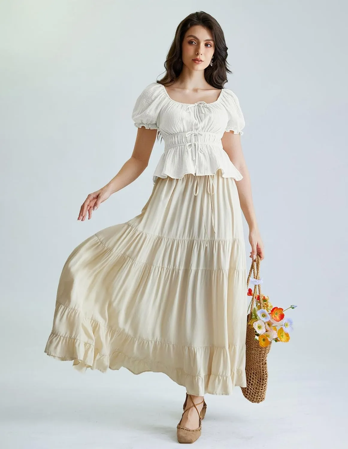 Scarlet Darkness Women Tie Front Tops Renaissance Puff Sleeve Blouse Peasant Peplum Shirts