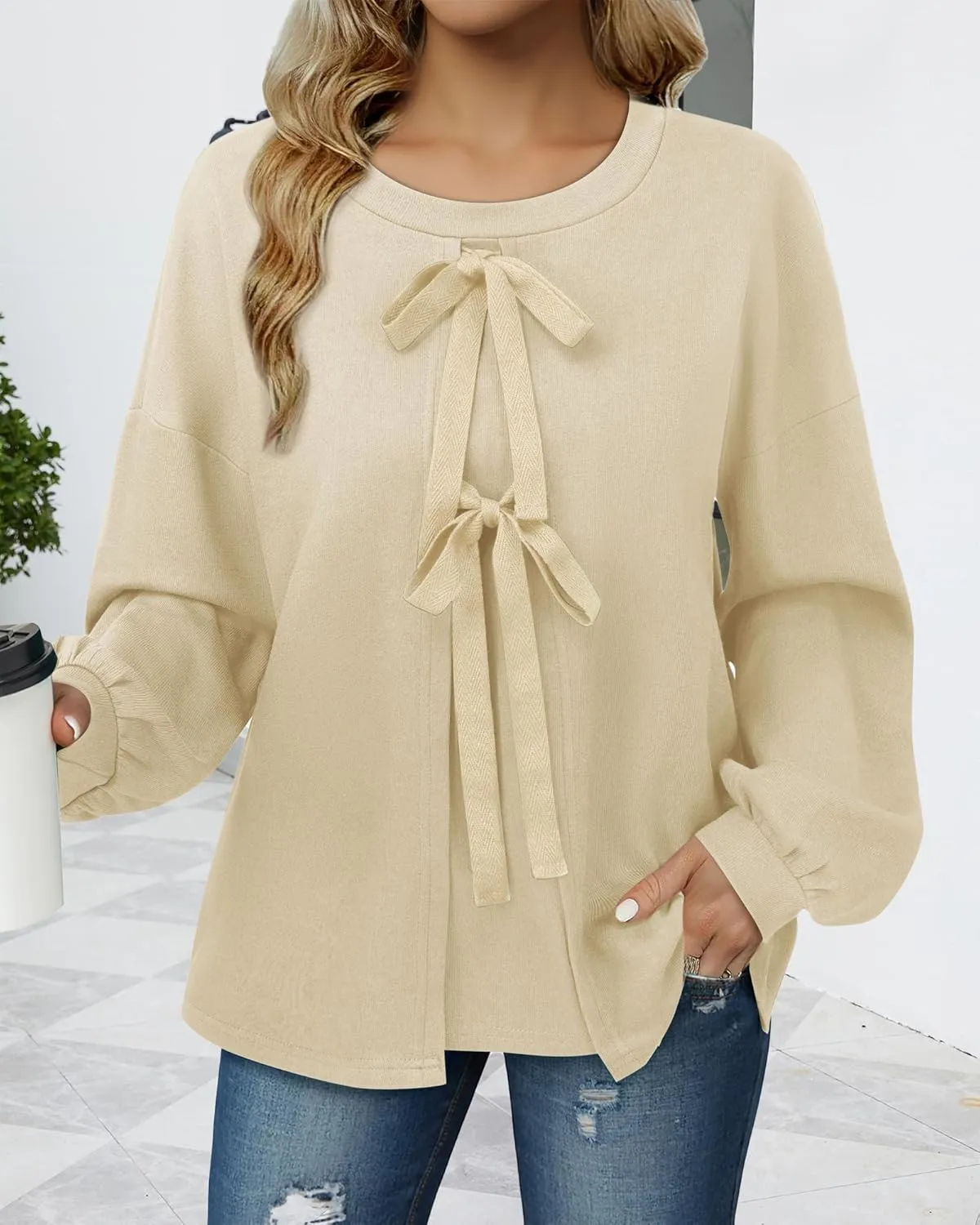 Vivilli Women's Tie Front Knit Tops Long Lantern Sleeve Shirts Crewneck Sweatshirts A-Line Patchwork Fall Fashion 2025 Tunic