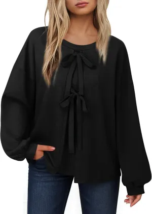 Vivilli Women's Tie Front Knit Tops Long Lantern Sleeve Shirts Crewneck Sweatshirts A-Line Patchwork Fall Fashion 2025 Tunic