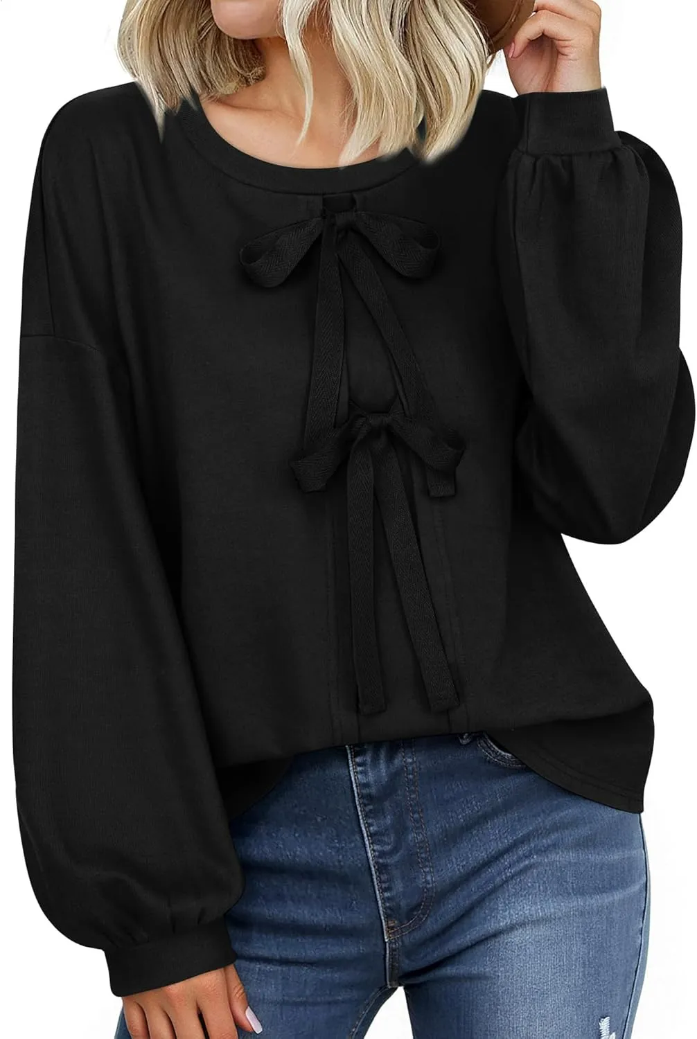 Vivilli Women's Tie Front Knit Tops Long Lantern Sleeve Shirts Crewneck Sweatshirts A-Line Patchwork Fall Fashion 2025 Tunic