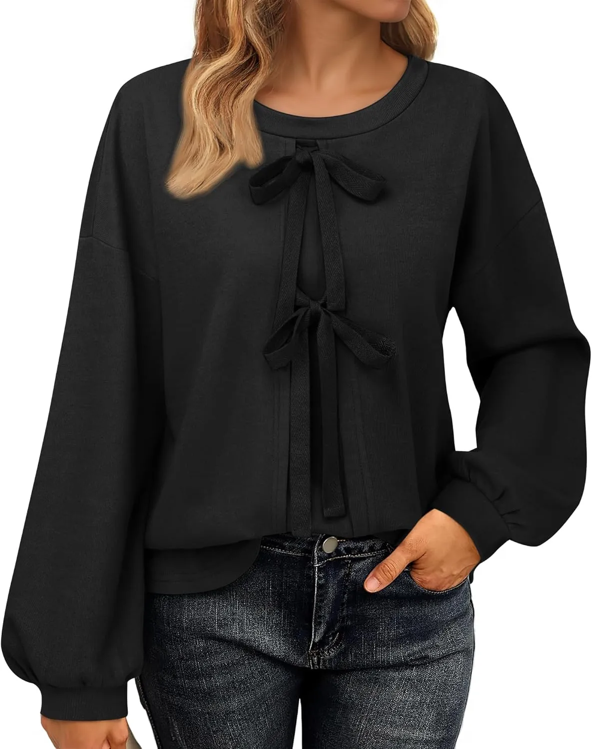 Vivilli Women's Tie Front Knit Tops Long Lantern Sleeve Shirts Crewneck Sweatshirts A-Line Patchwork Fall Fashion 2025 Tunic