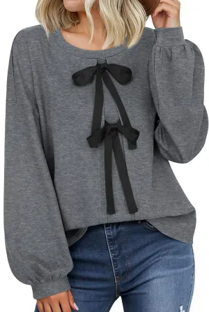 Vivilli Women's Tie Front Knit Tops Long Lantern Sleeve Shirts Crewneck Sweatshirts A-Line Patchwork Fall Fashion 2025 Tunic