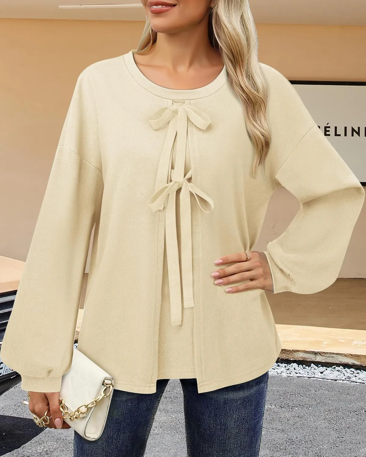 Vivilli Women's Tie Front Knit Tops Long Lantern Sleeve Shirts Crewneck Sweatshirts A-Line Patchwork Fall Fashion 2025 Tunic