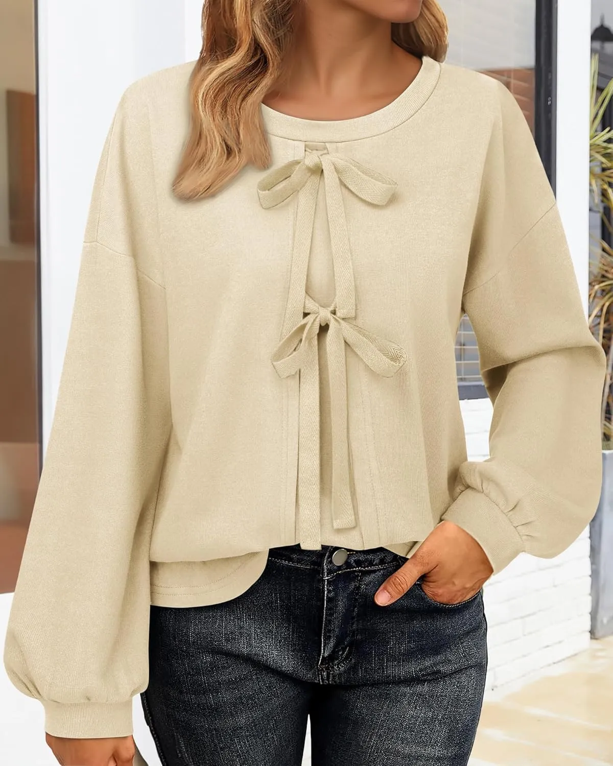 Vivilli Women's Tie Front Knit Tops Long Lantern Sleeve Shirts Crewneck Sweatshirts A-Line Patchwork Fall Fashion 2025 Tunic