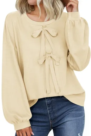 Vivilli Women's Tie Front Knit Tops Long Lantern Sleeve Shirts Crewneck Sweatshirts A-Line Patchwork Fall Fashion 2025 Tunic