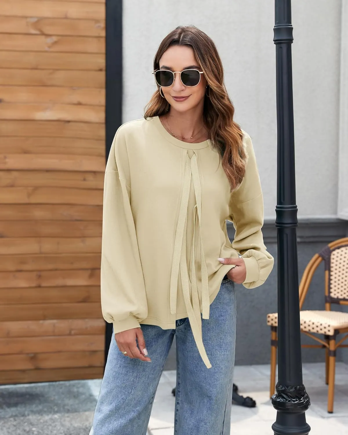 Vivilli Women's Tie Front Knit Tops Long Lantern Sleeve Shirts Crewneck Sweatshirts A-Line Patchwork Fall Fashion 2025 Tunic