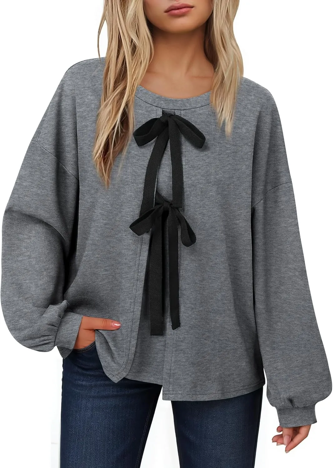 Vivilli Women's Tie Front Knit Tops Long Lantern Sleeve Shirts Crewneck Sweatshirts A-Line Patchwork Fall Fashion 2025 Tunic