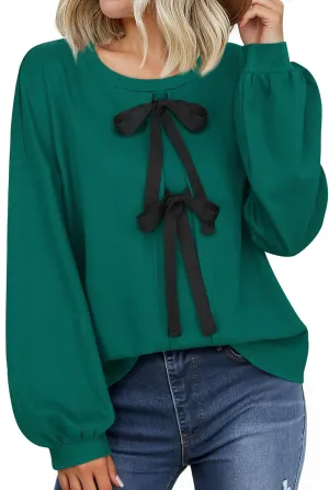 Vivilli Women's Tie Front Knit Tops Long Lantern Sleeve Shirts Crewneck Sweatshirts A-Line Patchwork Fall Fashion 2025 Tunic