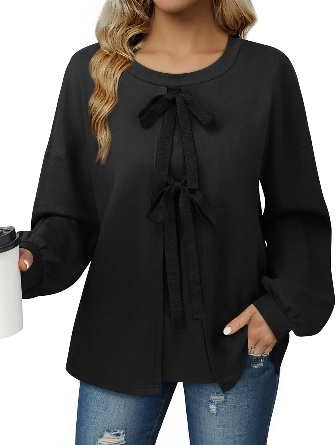 Vivilli Women's Tie Front Knit Tops Long Lantern Sleeve Shirts Crewneck Sweatshirts A-Line Patchwork Fall Fashion 2025 Tunic