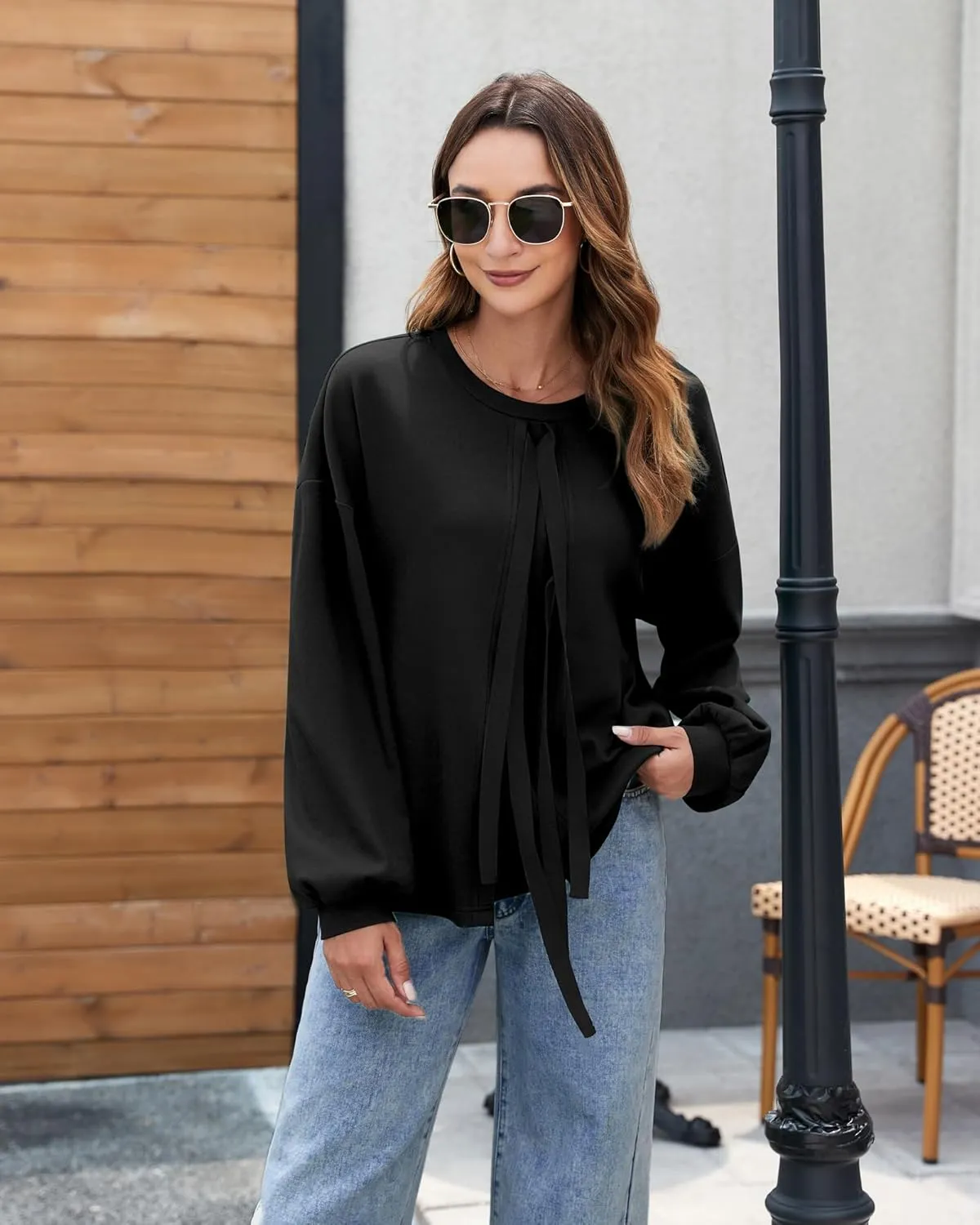 Vivilli Women's Tie Front Knit Tops Long Lantern Sleeve Shirts Crewneck Sweatshirts A-Line Patchwork Fall Fashion 2025 Tunic