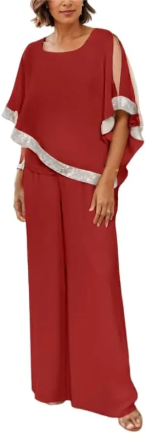 Womens 2 Piece Outfits Dressy Pant Suits for Wedding Ruffle Half Sleeve Sequin Chiffon Blouses Wide Leg Pant Sets