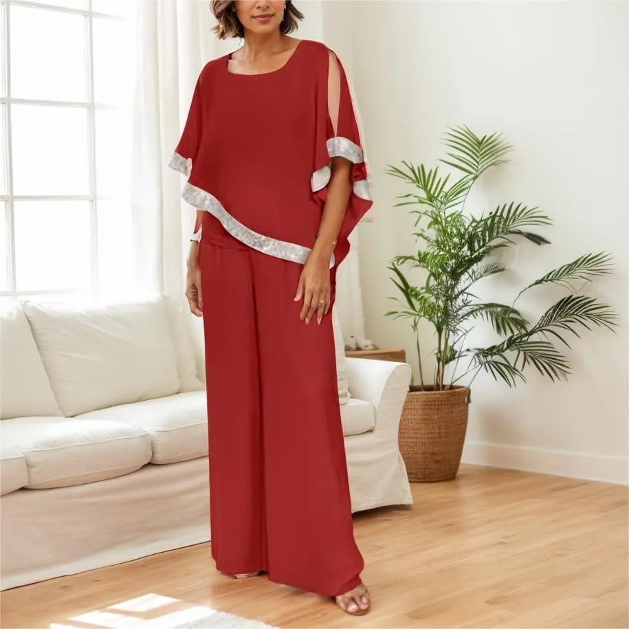 Womens 2 Piece Outfits Dressy Pant Suits for Wedding Ruffle Half Sleeve Sequin Chiffon Blouses Wide Leg Pant Sets