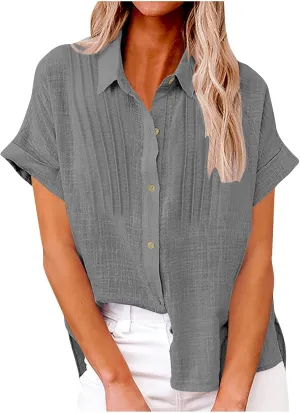 Women's Business Casual Blouses Trendy Pleated Lapel Button Down Shirts Summer Dress Cotton Linen Work Tee Tops 2025