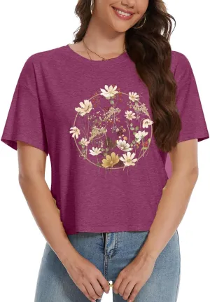 Womens Crop Top T Shirt Wildflower Graphic Tees Short Sleeve Summer Casual Loose Beach Adventure Tops