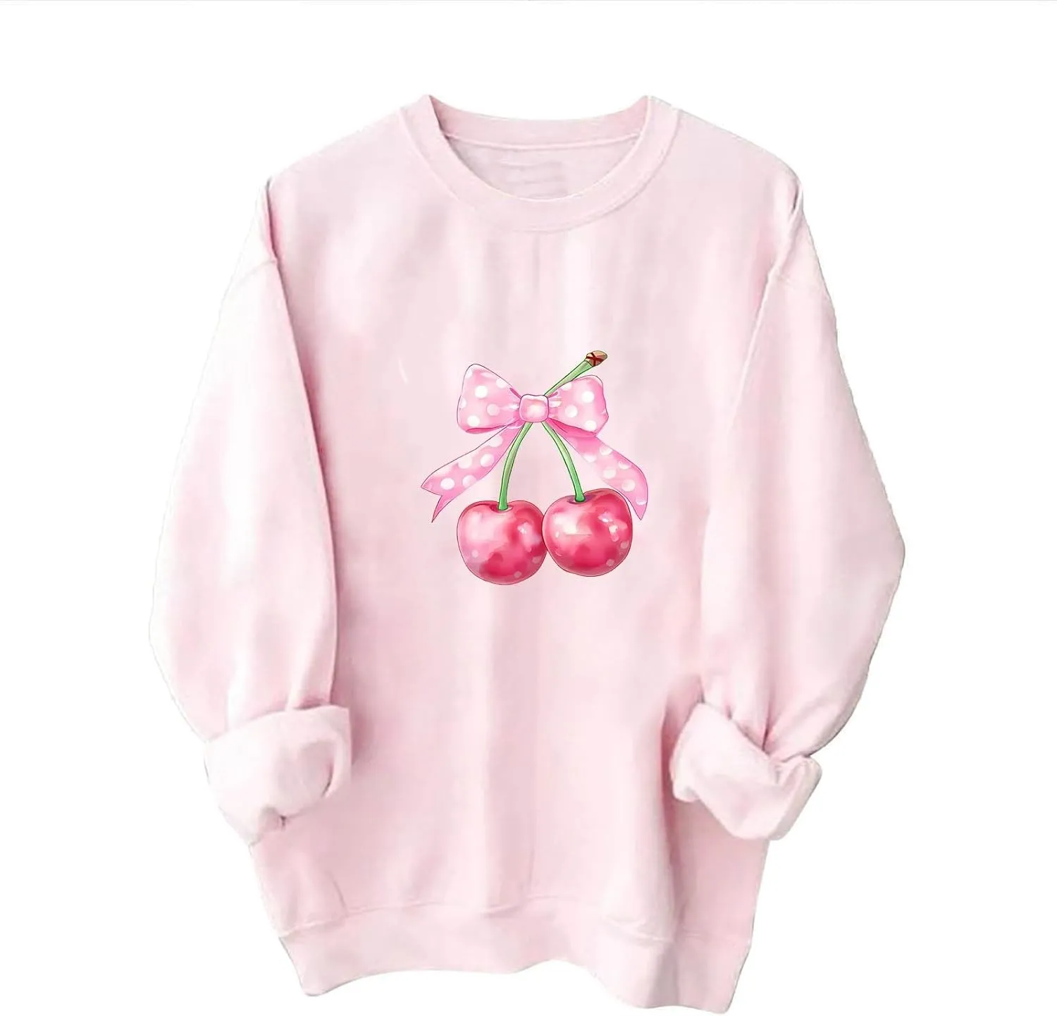 Womens Oversized Sweatshirts Casual Crewneck Long Sleeve Shirts Bow Cherry Printed Outfits Fall Comfy Clothes