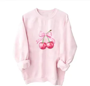 Womens Oversized Sweatshirts Casual Crewneck Long Sleeve Shirts Bow Cherry Printed Outfits Fall Comfy Clothes