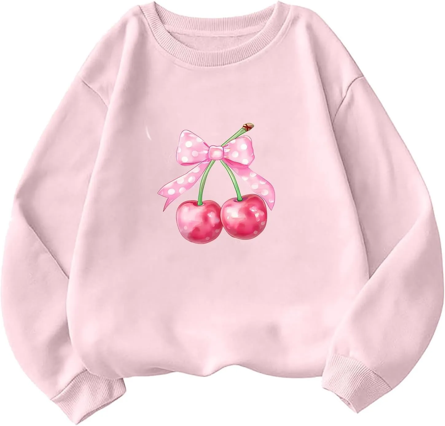 Womens Oversized Sweatshirts Casual Crewneck Long Sleeve Shirts Bow Cherry Printed Outfits Fall Comfy Clothes