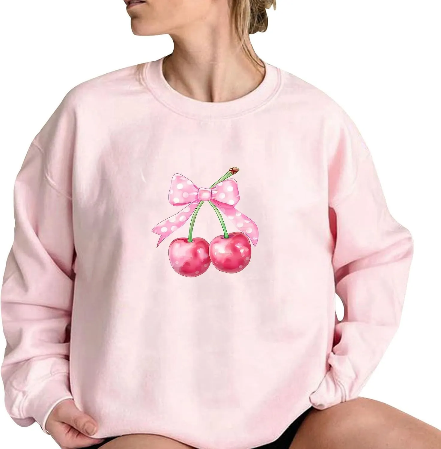 Womens Oversized Sweatshirts Casual Crewneck Long Sleeve Shirts Bow Cherry Printed Outfits Fall Comfy Clothes