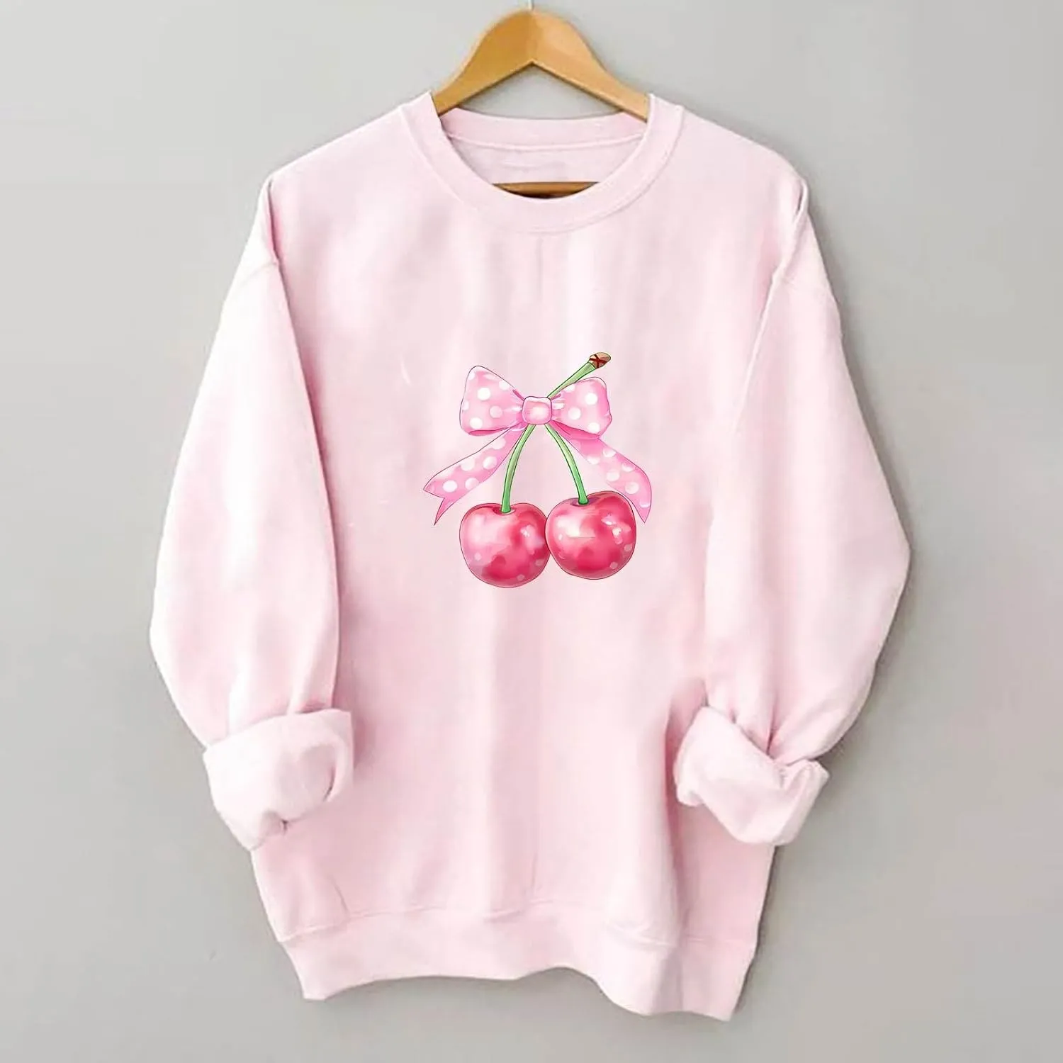 Womens Oversized Sweatshirts Casual Crewneck Long Sleeve Shirts Bow Cherry Printed Outfits Fall Comfy Clothes
