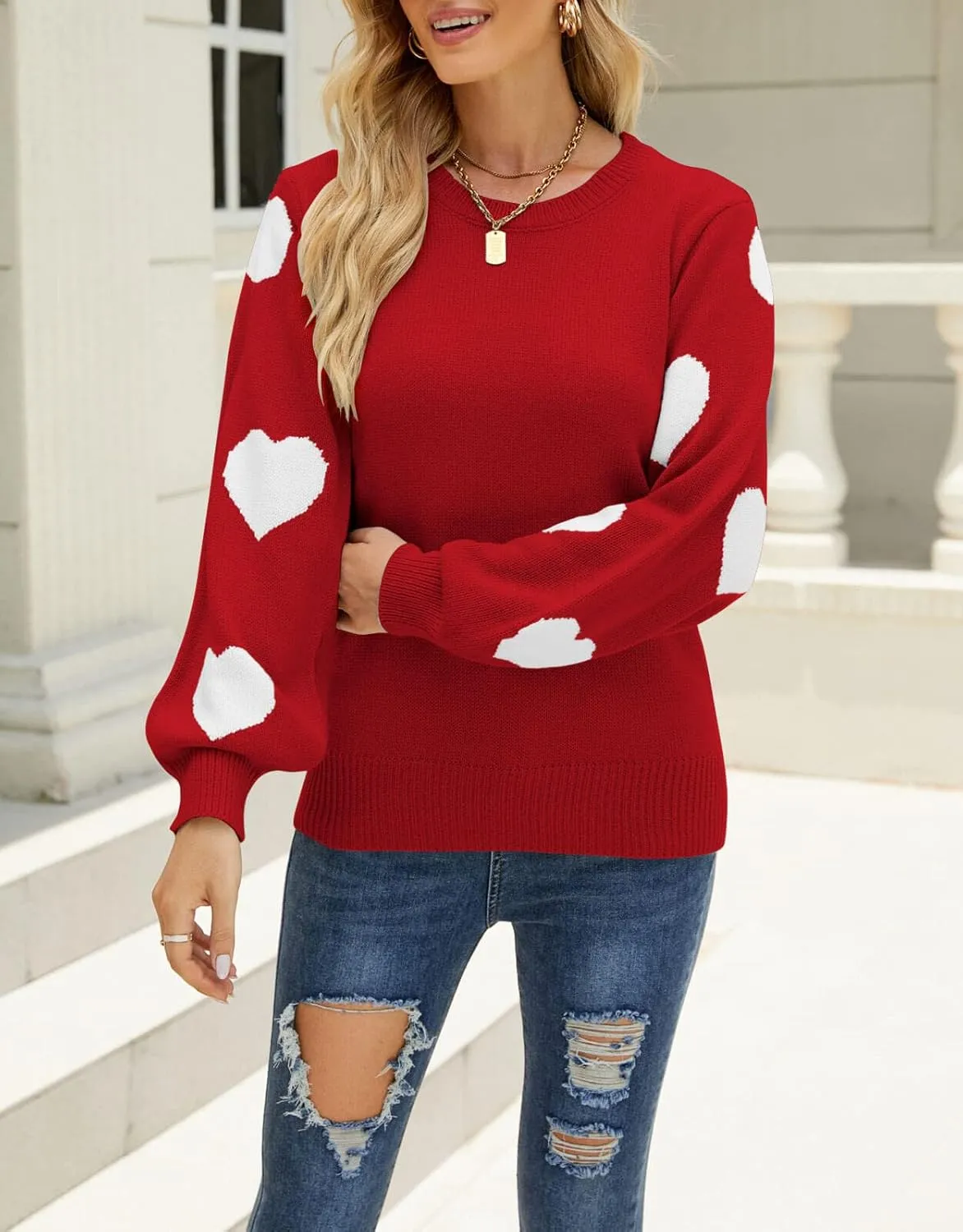 Women's Pullover Sweaters Long Sleeve Crew Neck Cute Multi-Hearts Knitted Casual Sweater