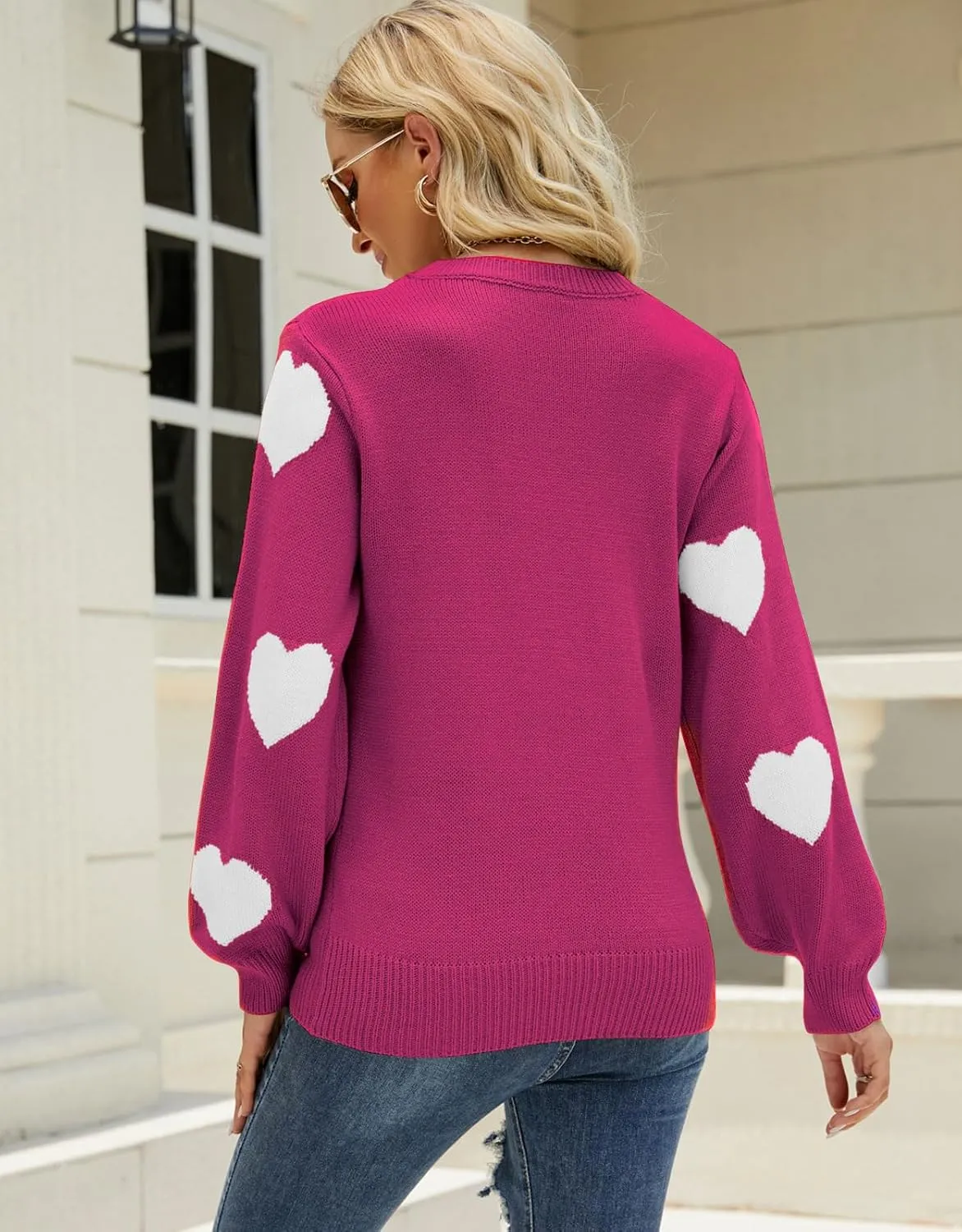 Women's Pullover Sweaters Long Sleeve Crew Neck Cute Multi-Hearts Knitted Casual Sweater
