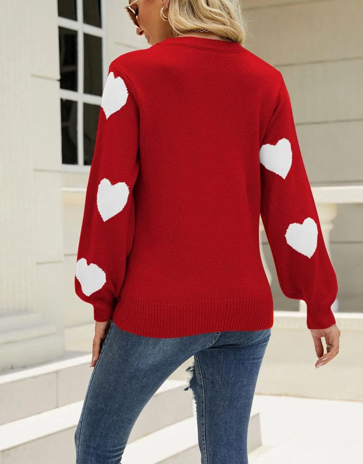Women's Pullover Sweaters Long Sleeve Crew Neck Cute Multi-Hearts Knitted Casual Sweater