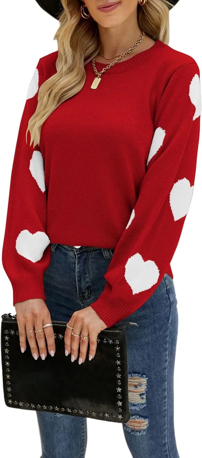 Women's Pullover Sweaters Long Sleeve Crew Neck Cute Multi-Hearts Knitted Casual Sweater