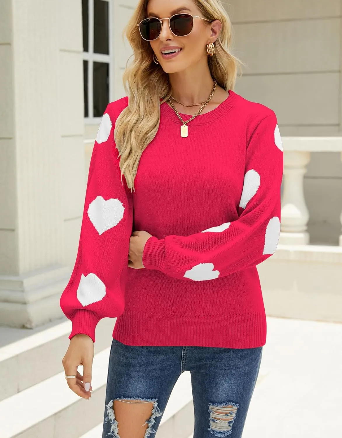 Women's Pullover Sweaters Long Sleeve Crew Neck Cute Multi-Hearts Knitted Casual Sweater