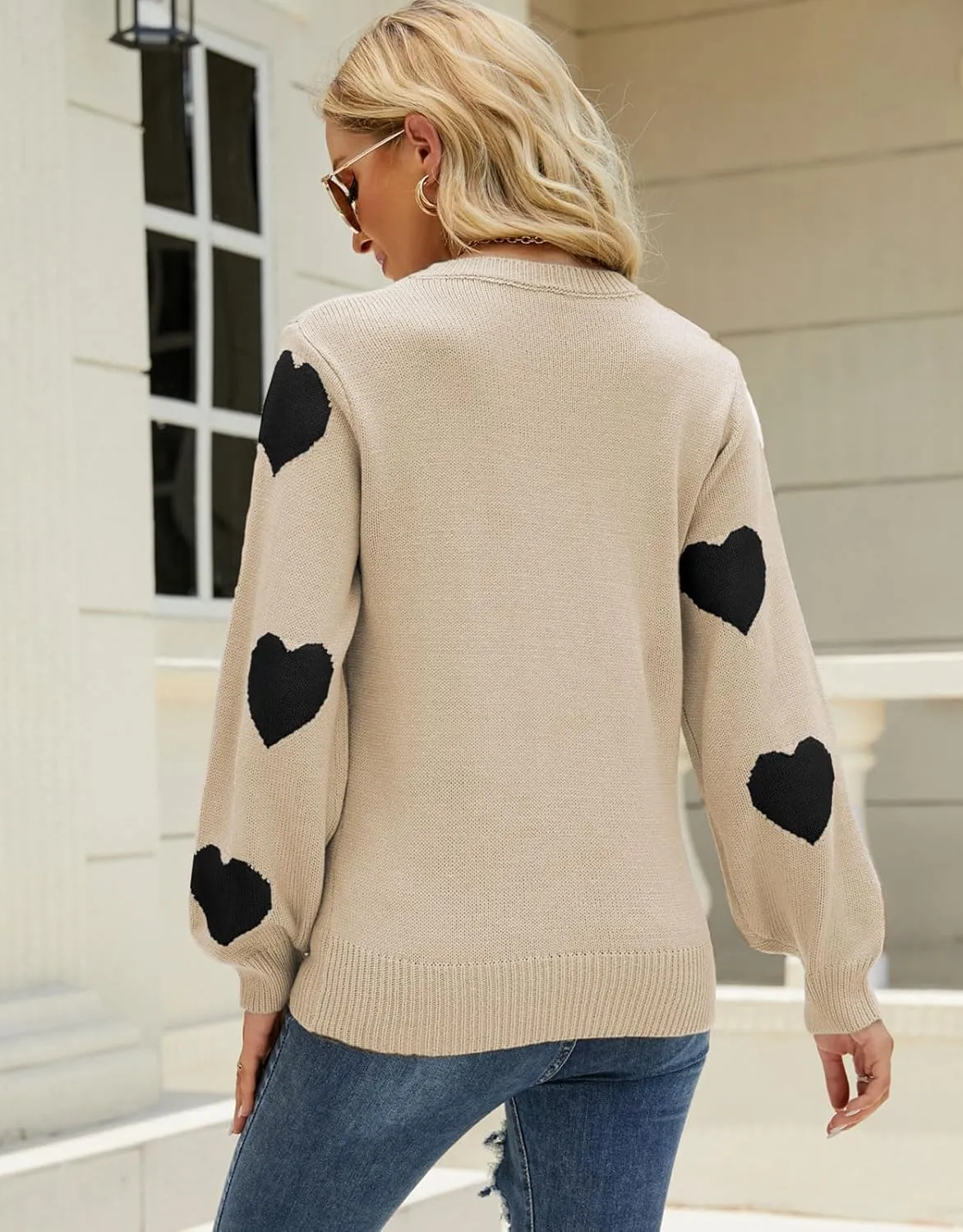 Women's Pullover Sweaters Long Sleeve Crew Neck Cute Multi-Hearts Knitted Casual Sweater