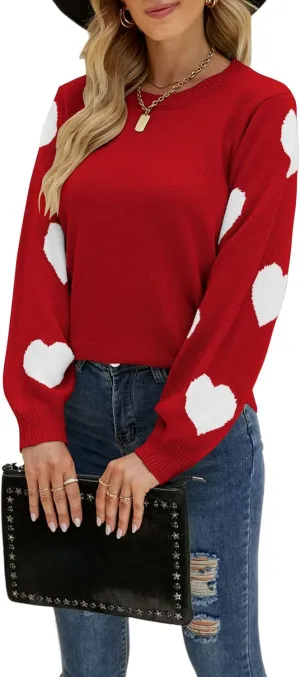 Women's Pullover Sweaters Long Sleeve Crew Neck Cute Multi-Hearts Knitted Casual Sweater