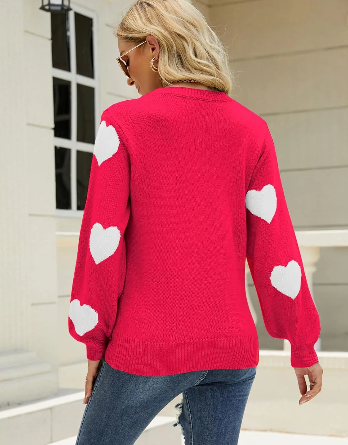 Women's Pullover Sweaters Long Sleeve Crew Neck Cute Multi-Hearts Knitted Casual Sweater