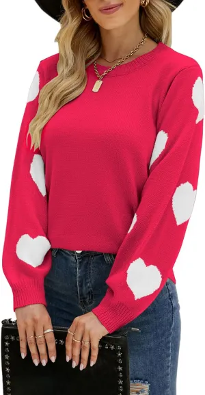 Women's Pullover Sweaters Long Sleeve Crew Neck Cute Multi-Hearts Knitted Casual Sweater
