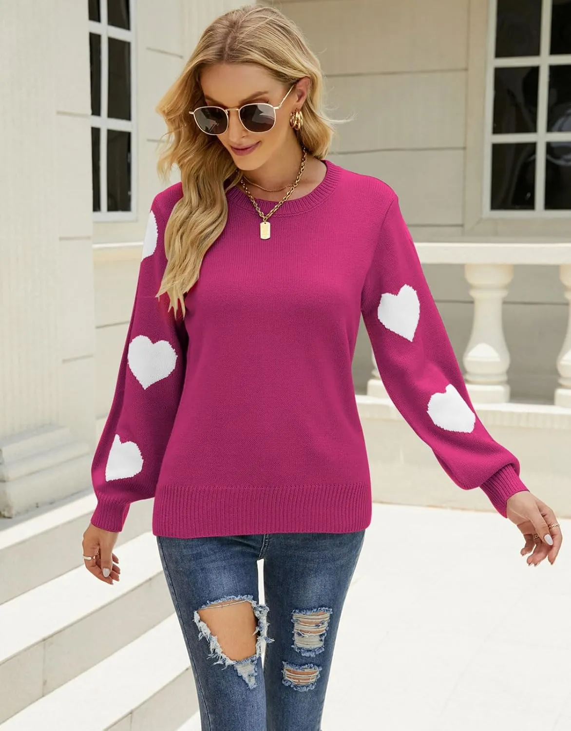 Women's Pullover Sweaters Long Sleeve Crew Neck Cute Multi-Hearts Knitted Casual Sweater