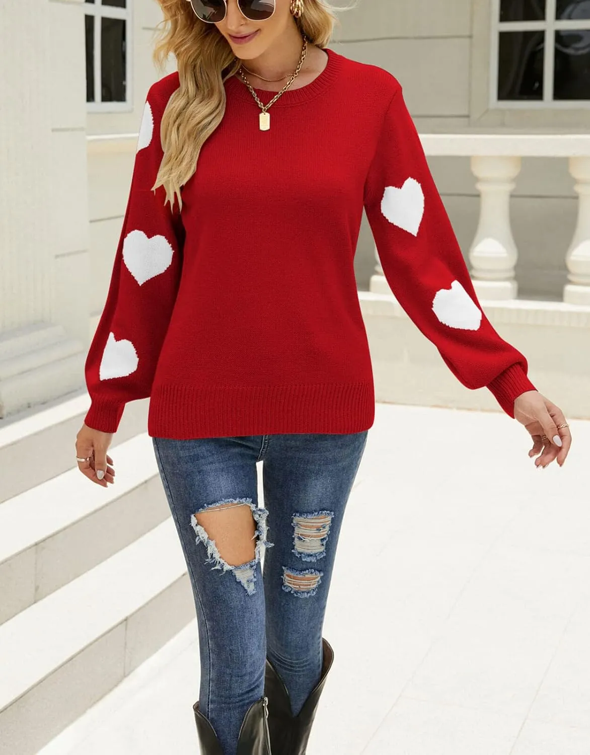 Women's Pullover Sweaters Long Sleeve Crew Neck Cute Multi-Hearts Knitted Casual Sweater