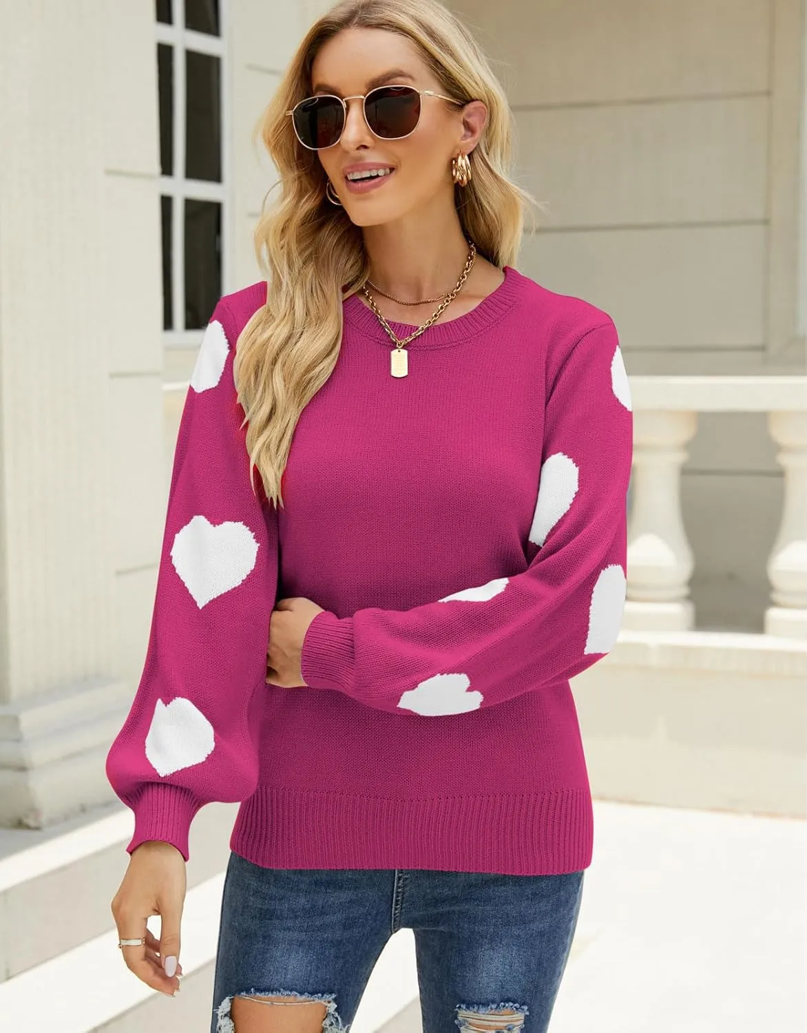 Women's Pullover Sweaters Long Sleeve Crew Neck Cute Multi-Hearts Knitted Casual Sweater
