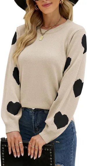 Women's Pullover Sweaters Long Sleeve Crew Neck Cute Multi-Hearts Knitted Casual Sweater