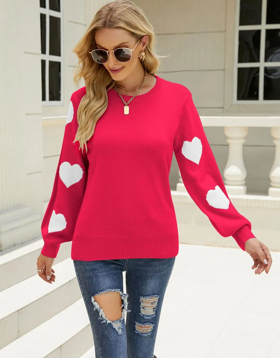 Women's Pullover Sweaters Long Sleeve Crew Neck Cute Multi-Hearts Knitted Casual Sweater