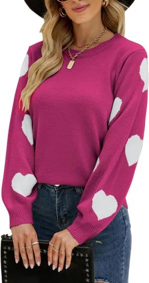 Women's Pullover Sweaters Long Sleeve Crew Neck Cute Multi-Hearts Knitted Casual Sweater