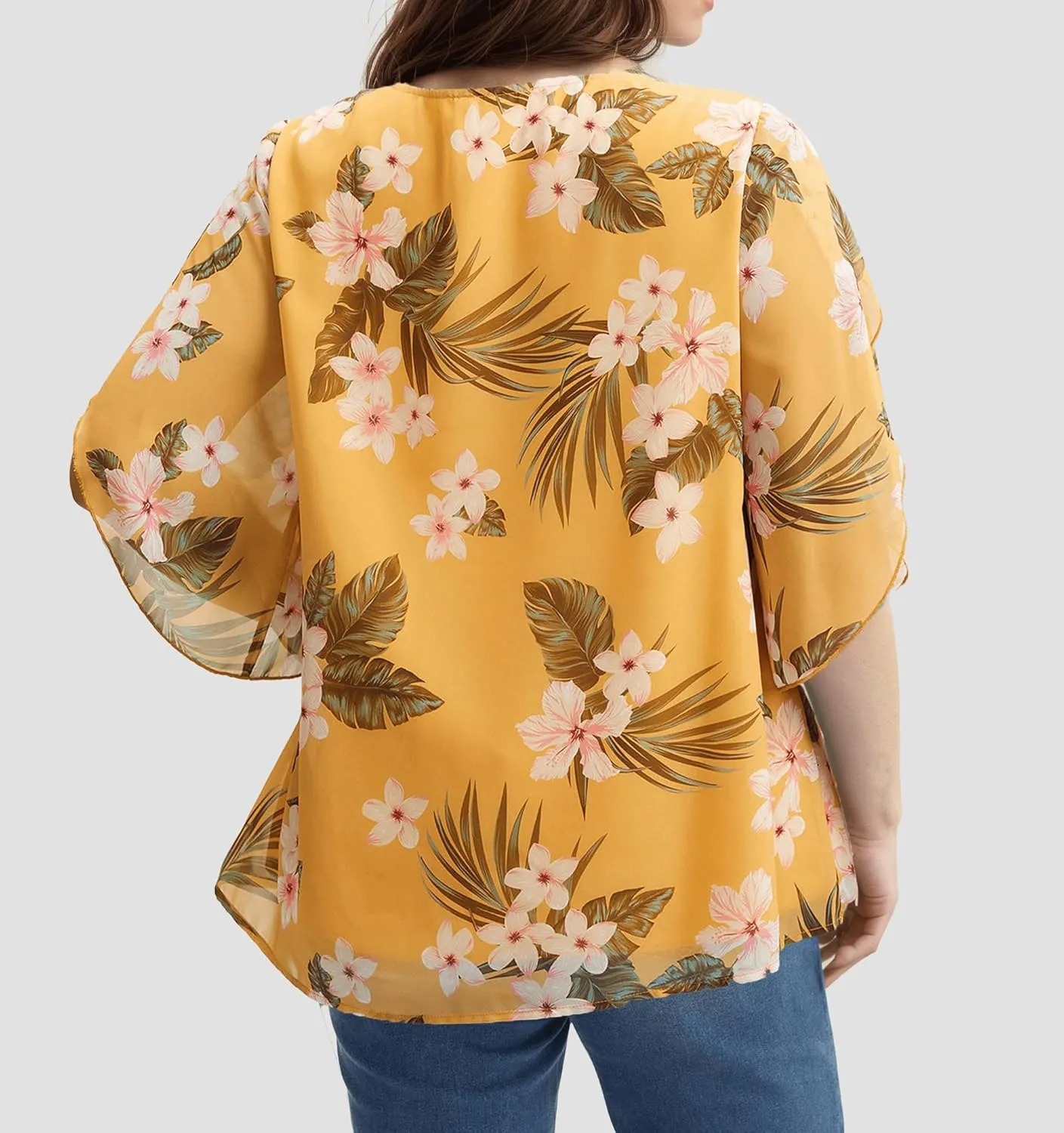 Womens Summer Boho Floral Print Chiffon Tops Casual Ruffle 3/4 Sleeve Crewneck Plus Size Beach Vacation Blouses 2025