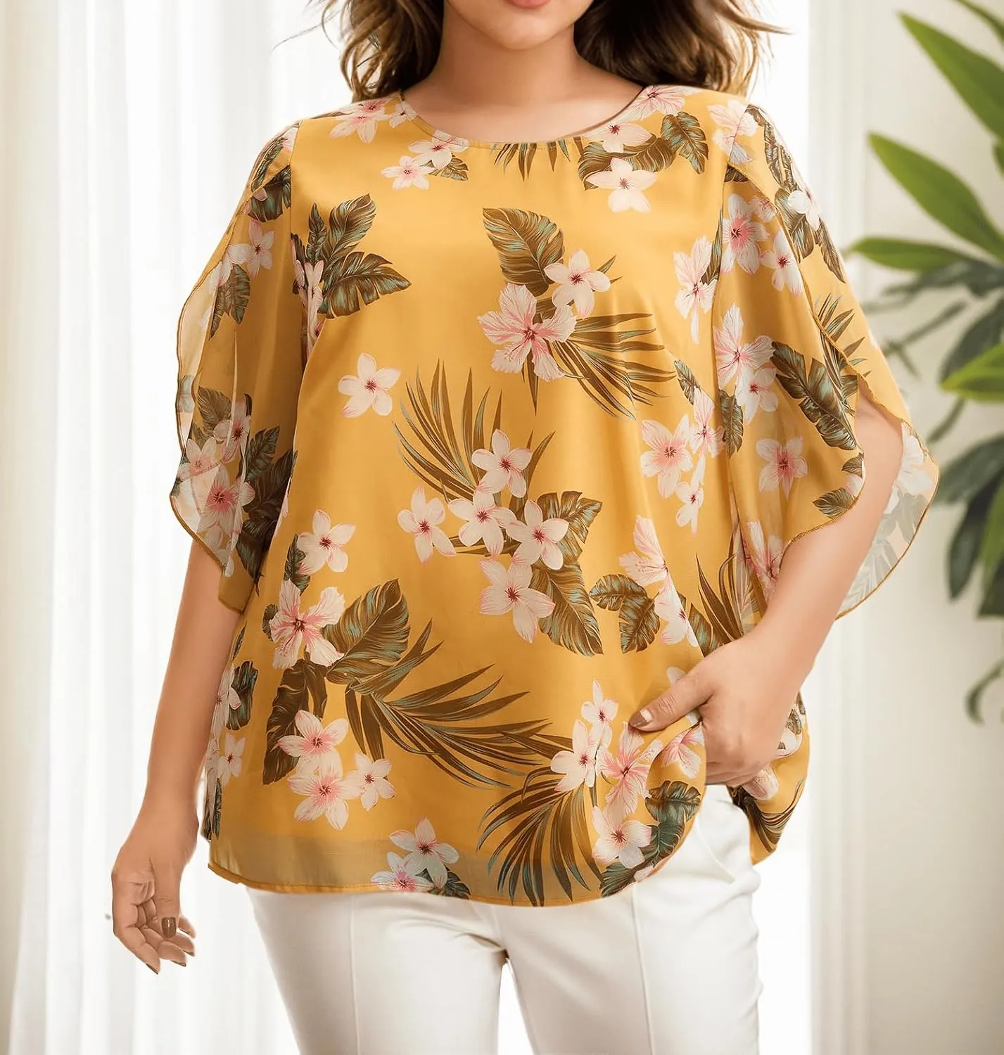 Womens Summer Boho Floral Print Chiffon Tops Casual Ruffle 3/4 Sleeve Crewneck Plus Size Beach Vacation Blouses 2025