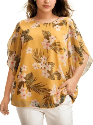 Womens Summer Boho Floral Print Chiffon Tops Casual Ruffle 3/4 Sleeve Crewneck Plus Size Beach Vacation Blouses 2025