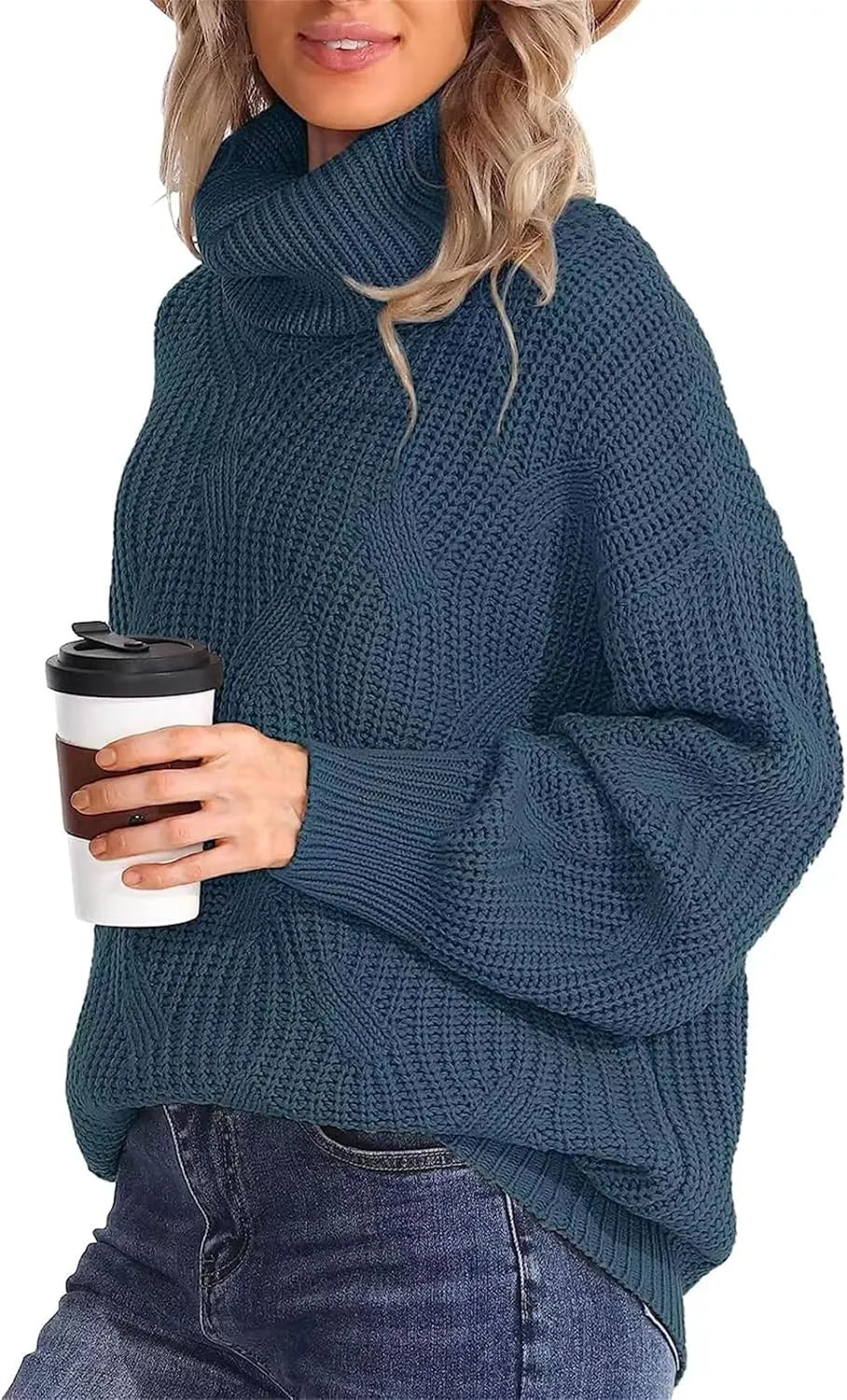 Womens Winter Fall Solid Turtleneck High Neck Sweaters Chunky Knit Loose Oversized Sweater Casual Pullover Jumper Tops